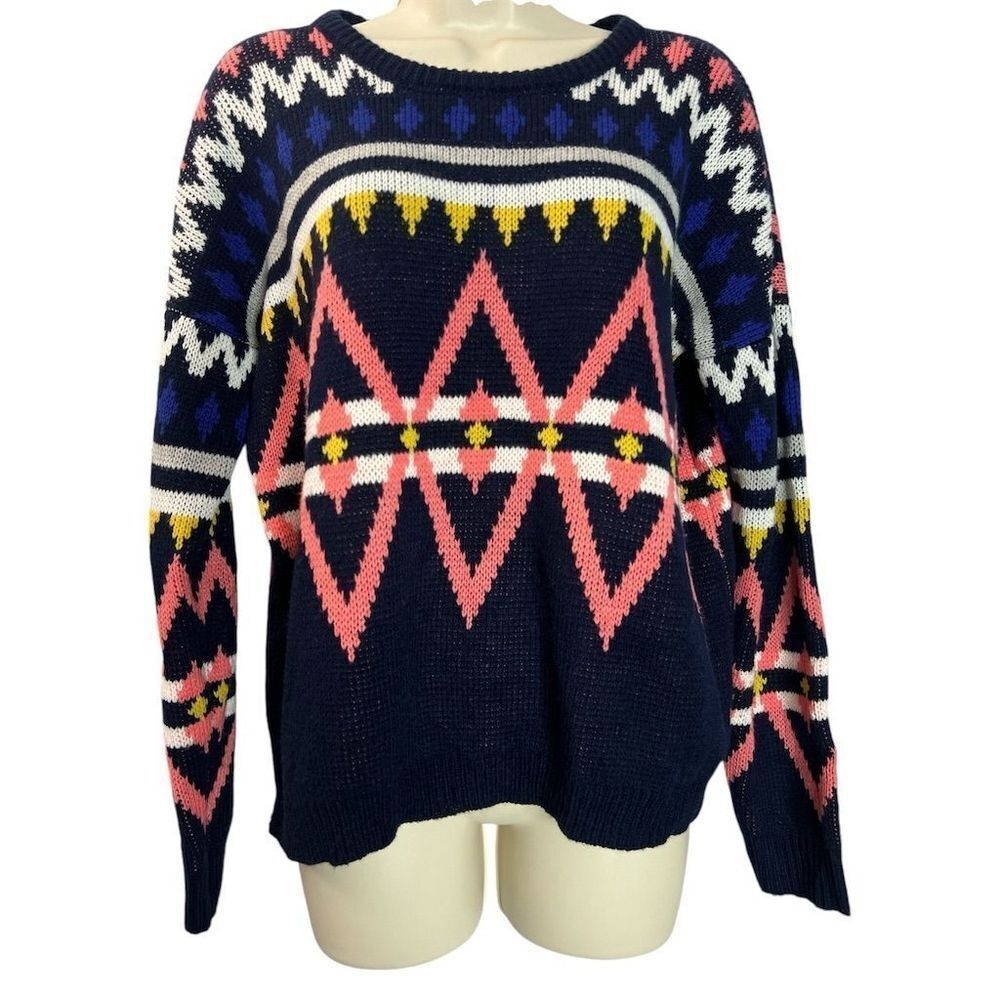 Pink Rose Fair Isle Sweater Long Sleeve Nordic Y2K Navy Blue‎ Pink Size Medium